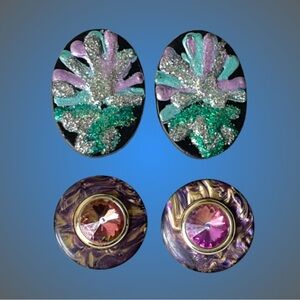 2 pairs of vtg wearable art clip-on earrings ooak? watermelon rivoli puffy paint